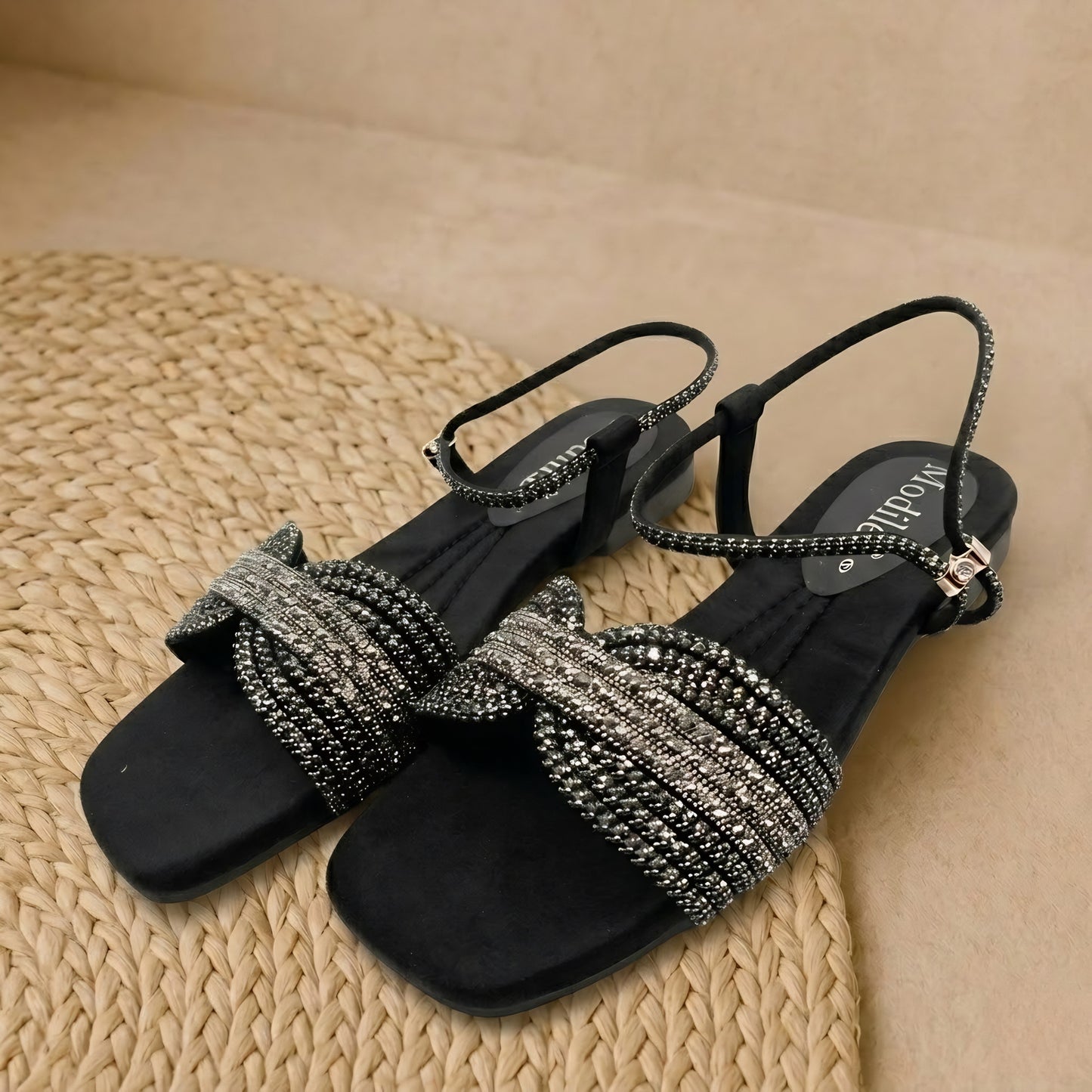 Lumina Crystal-Strap Flat Sandal-BLACK