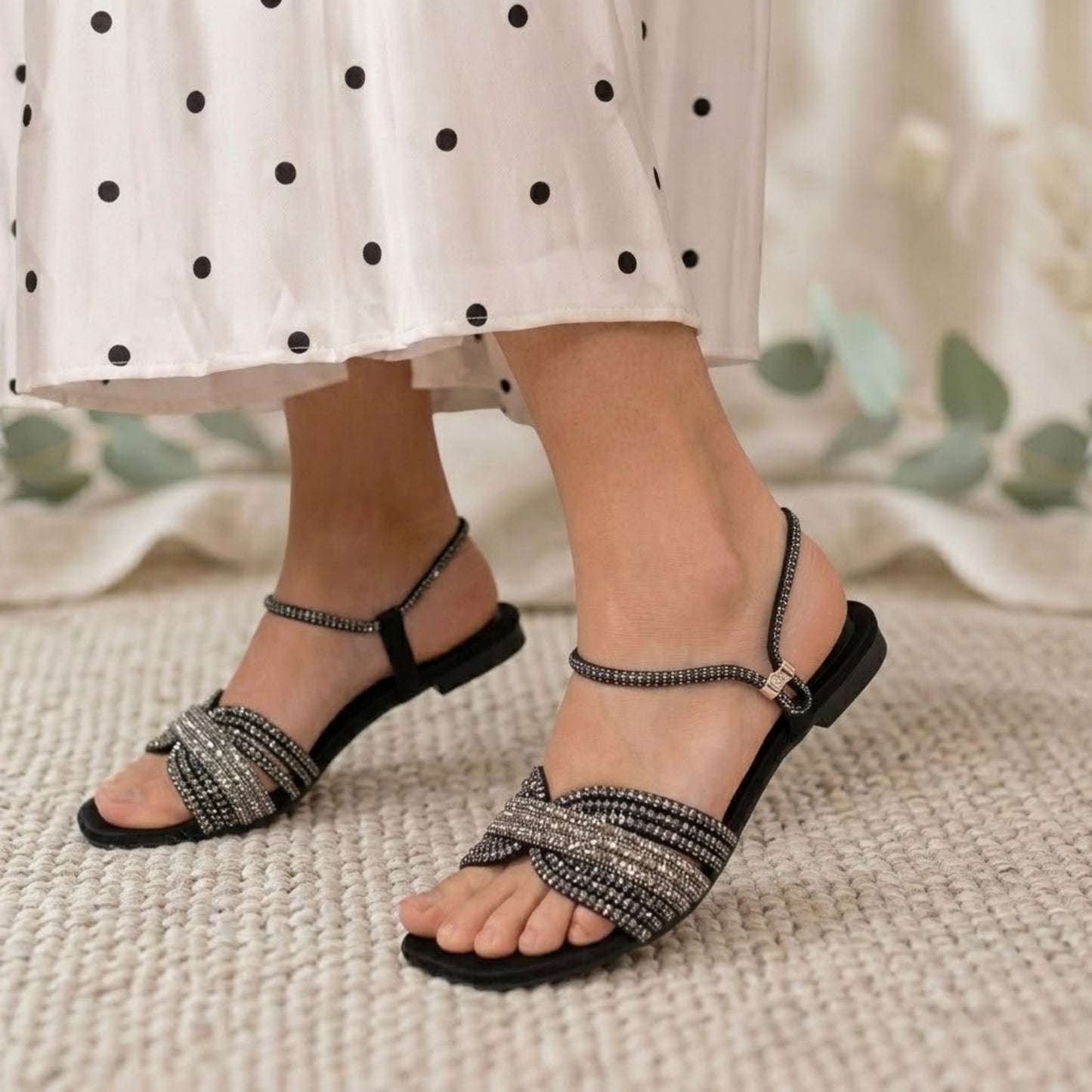 Lumina Crystal-Strap Flat Sandal-BLACK