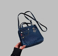 Women's Denim Crossbody Bag with Twist Lock and Removable Straps, Foldable Handmade Wallet with Tassel Decoration, Solid Color Shoulder Bag Lined in Polyester - Hand Washable