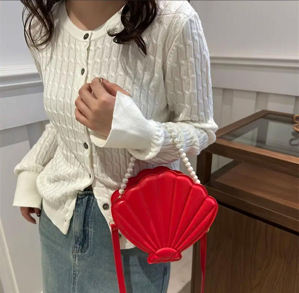 Elegant White Shell-Shaped Evening Clutch with Pearl Beaded Chain Strap - Chic Acrylic Bridal Handbag, Polyester Lined, Perfect for Weddings & Formal Parties, Wedding Accessories
