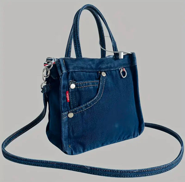 Women's Denim Crossbody Bag with Twist Lock and Removable Straps, Foldable Handmade Wallet with Tassel Decoration, Solid Color Shoulder Bag Lined in Polyester - Hand Washable