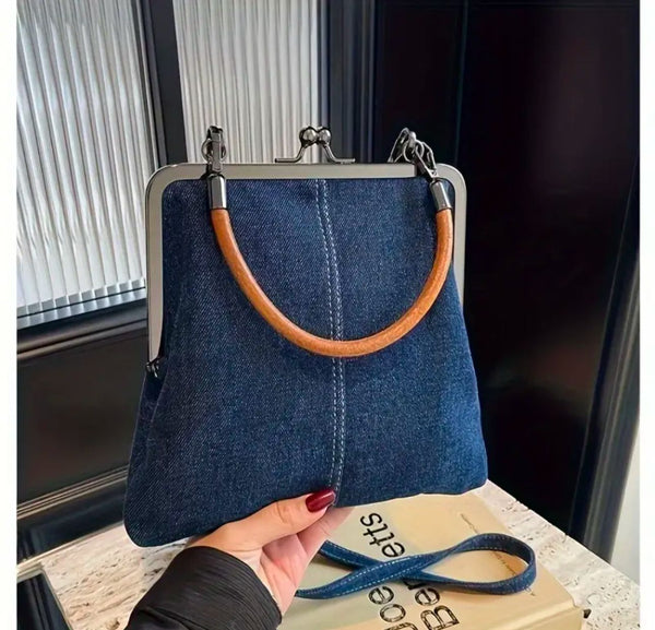 Women's Denim Crossbody Bag with Twist Lock and Removable Straps, Foldable Handmade Wallet with Tassel Decoration, Solid Color Shoulder Bag Lined in Polyester - Hand Washable