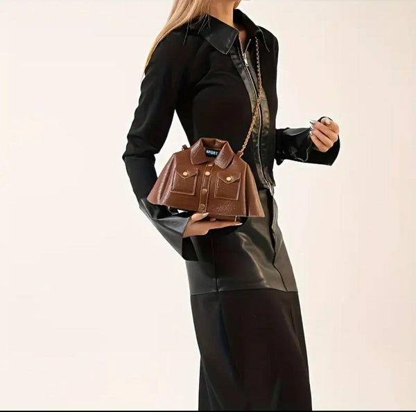 1pc Women'S Unique Shape Crossbody Bag, Faux Leather Shirt Style Shoulder Purse with Metal Chain Strap, Solid Color, Magnetic Closure, Polyester Lined, Fashionable Mobile Phone Pouch