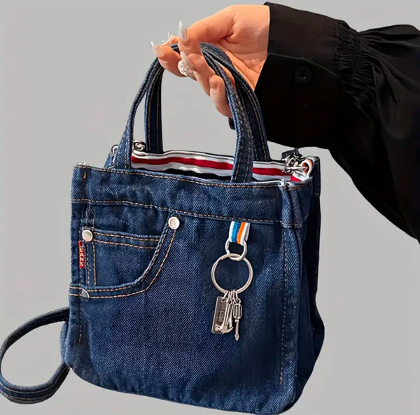 Women's Denim Crossbody Bag with Twist Lock and Removable Straps, Foldable Handmade Wallet with Tassel Decoration, Solid Color Shoulder Bag Lined in Polyester - Hand Washable