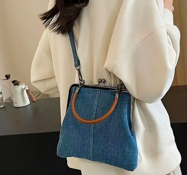Women's Denim Crossbody Bag with Twist Lock and Removable Straps, Foldable Handmade Wallet with Tassel Decoration, Solid Color Shoulder Bag Lined in Polyester - Hand Washable