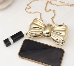 Elegant Golden & Silvery Bowknot Mini Crossbody Bag - Glossy Acrylic, Removable Strap, Unlined, Buckle Closure, Perfect Valentine'S Day Gift, Novelty Purse